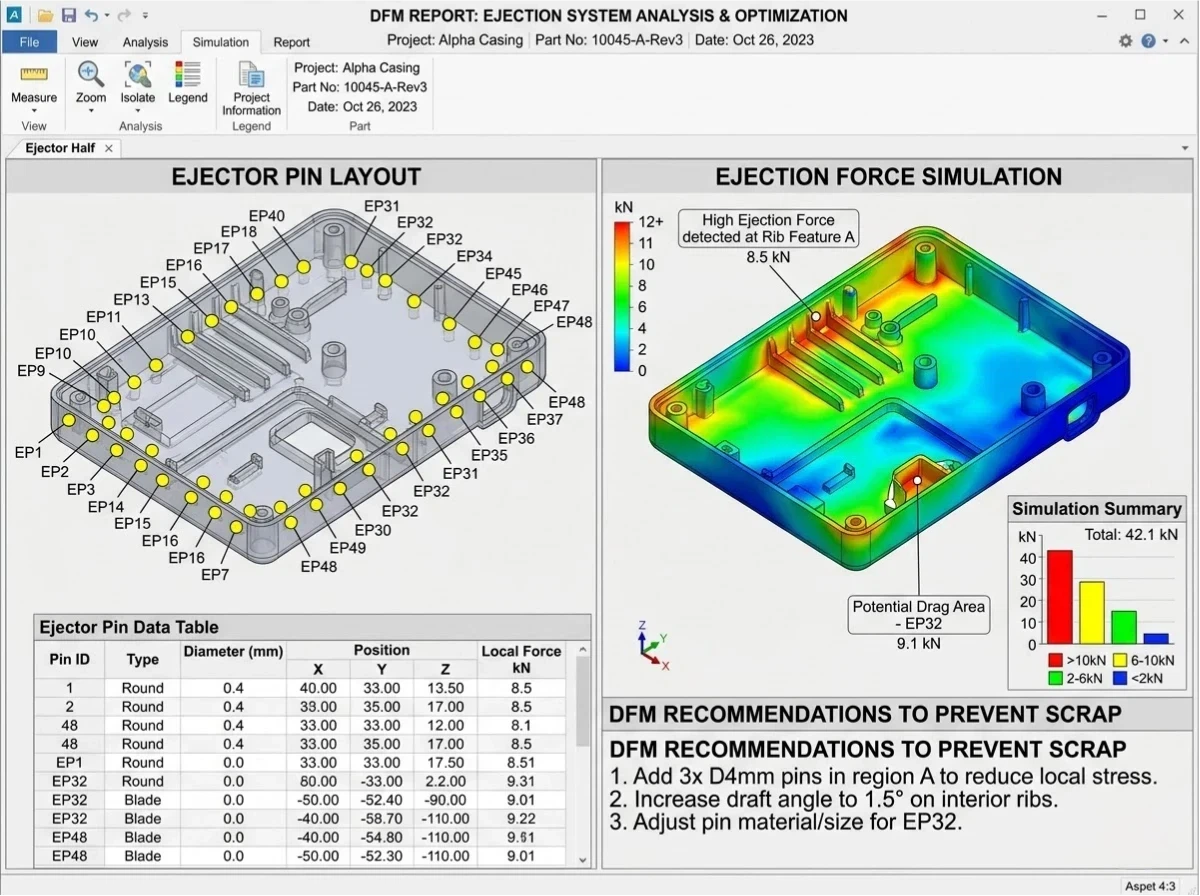 DFM report showing ejector pin locations and ejection force simulation for plastic injection molding to prevent scrap cost